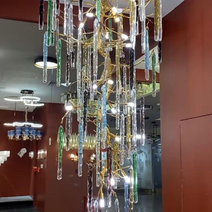 Modern Light Luxury Brass Branches Colored Glass Column Chandelier for Staircase/Living Room/High-ceiling Space