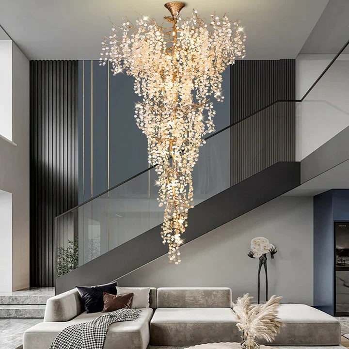 Modern Unique Artistic Flower Brass Branch Semi-flush Mount Chandelier for Living Room/ Hallway/ Entryway/ Staircase