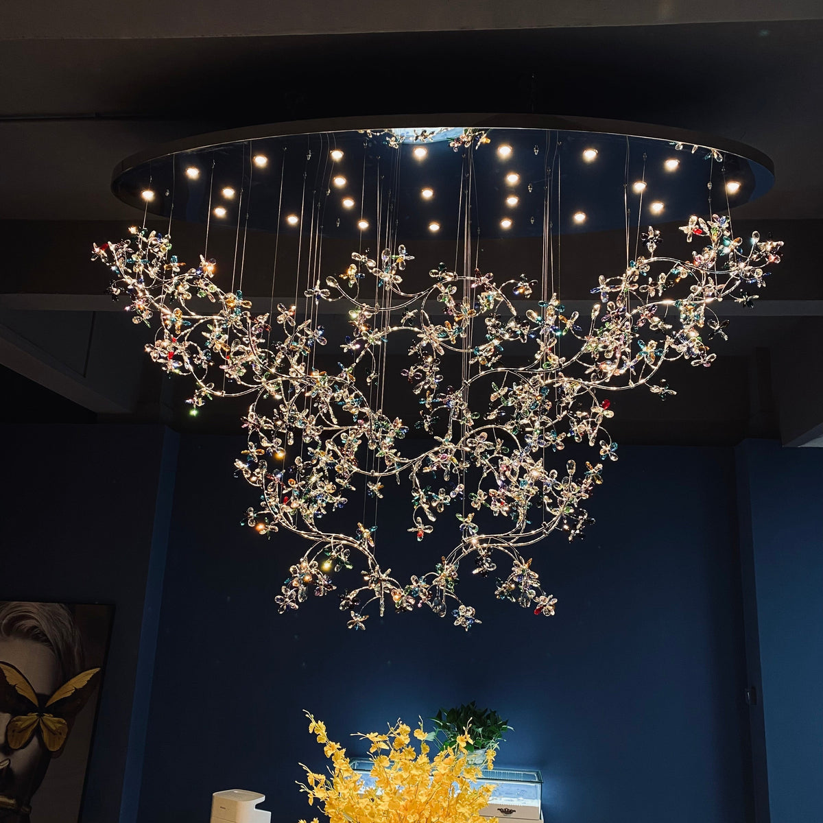 Hotel Entrance Crystal Flower Branch Chandelier Luxury Ceiling Lighting Fixture For Foyer Entryway