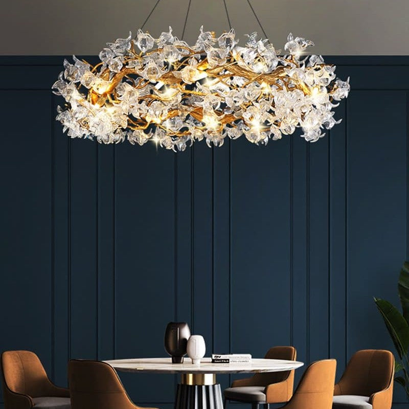 Branch Petal Crystal Brass Round Chandelier