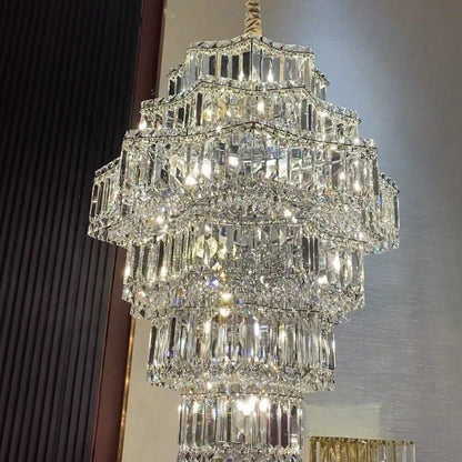 Extra Large Plaza Hall  Multi-Tier Crystal Chandelier Foyer Living Room Staircase Ceiling Lighting Fixture  In Chrome/ Silver Finish