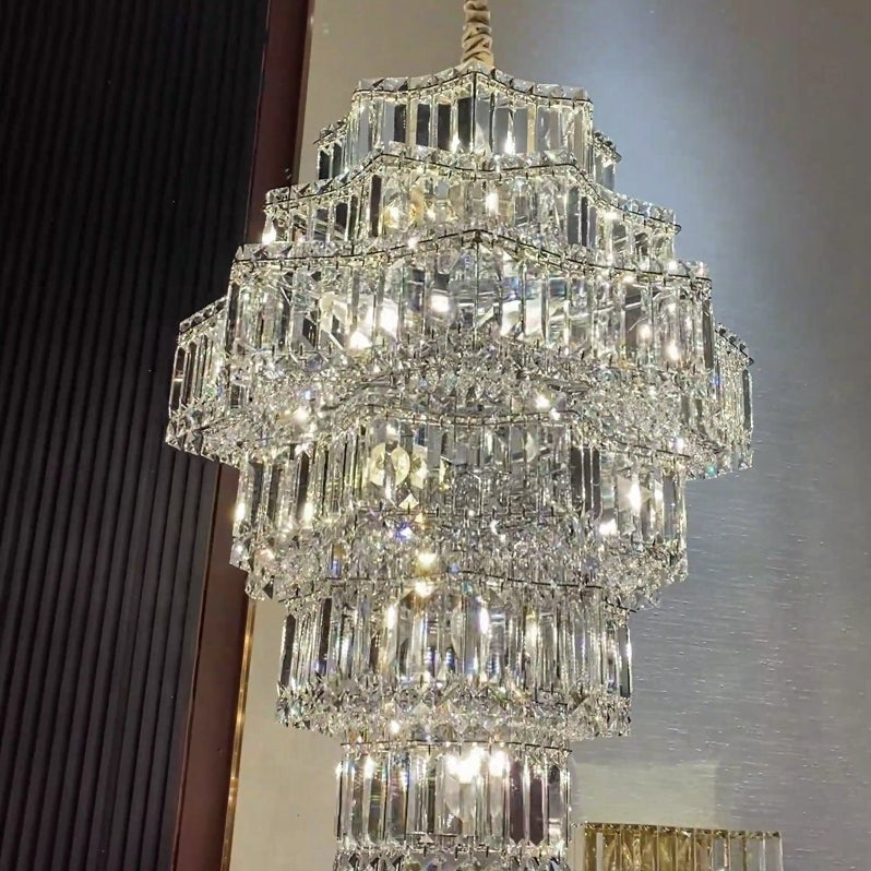 Extra Large Plaza Hall  Multi-Tier Crystal Chandelier Foyer Living Room Staircase Ceiling Lighting Fixture  In Chrome/ Silver Finish