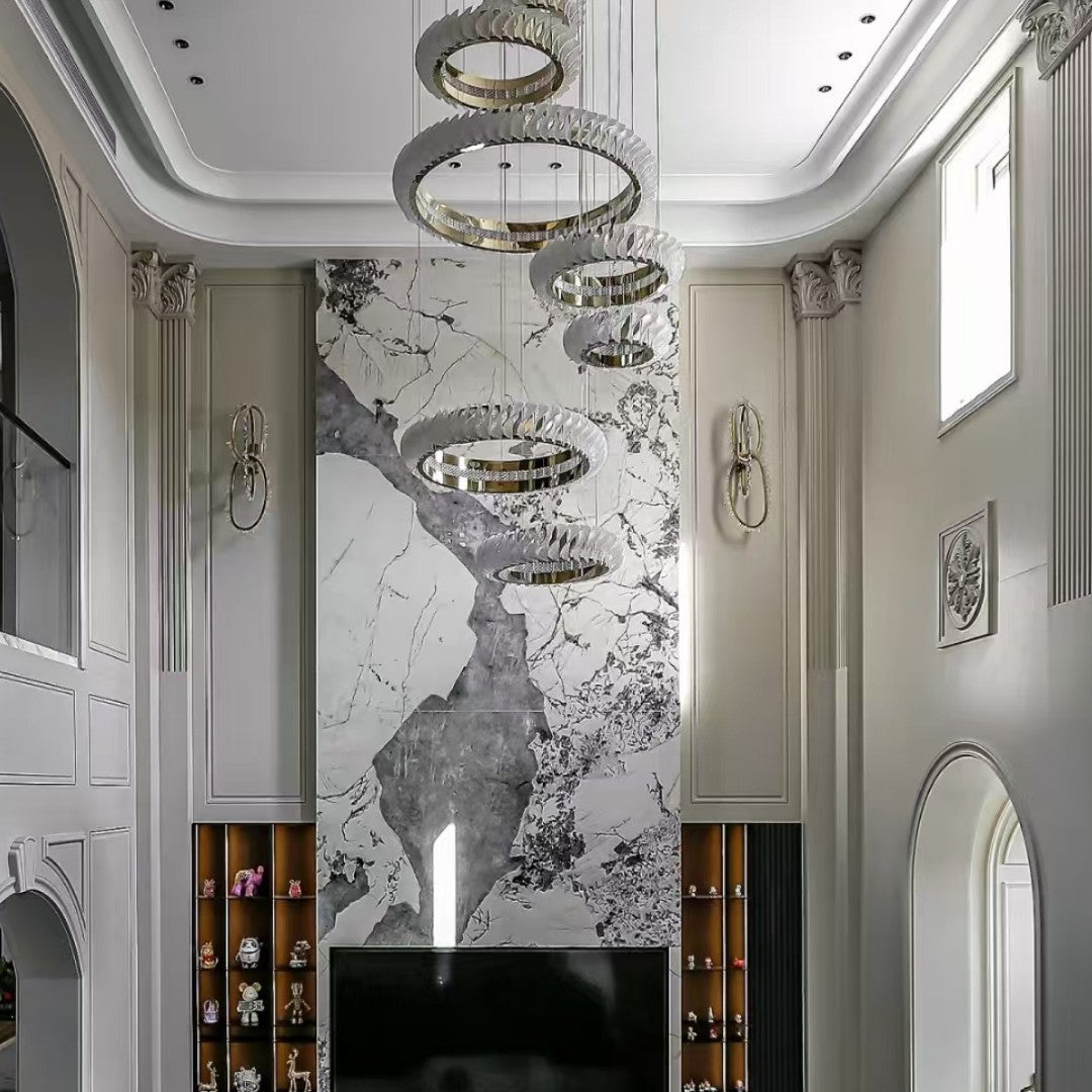 Extra Large Round Acrylic and Stainless Steel Multi-Layer Chandelier for High Ceilings