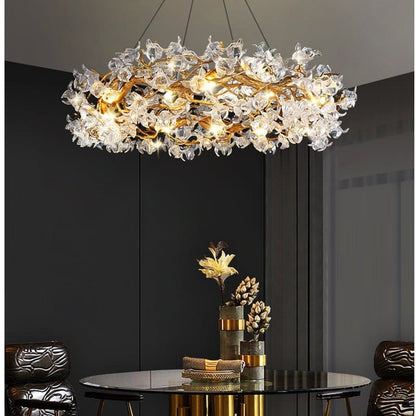 Branch Petal Crystal Brass Round Chandelier