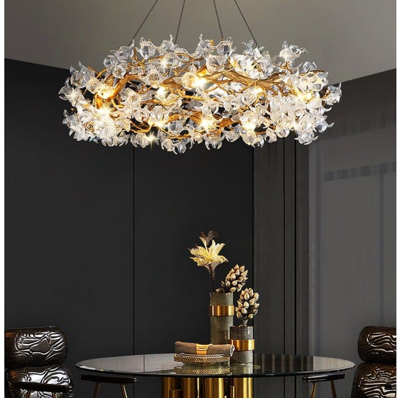 Branch Petal Crystal Brass Round Chandelier