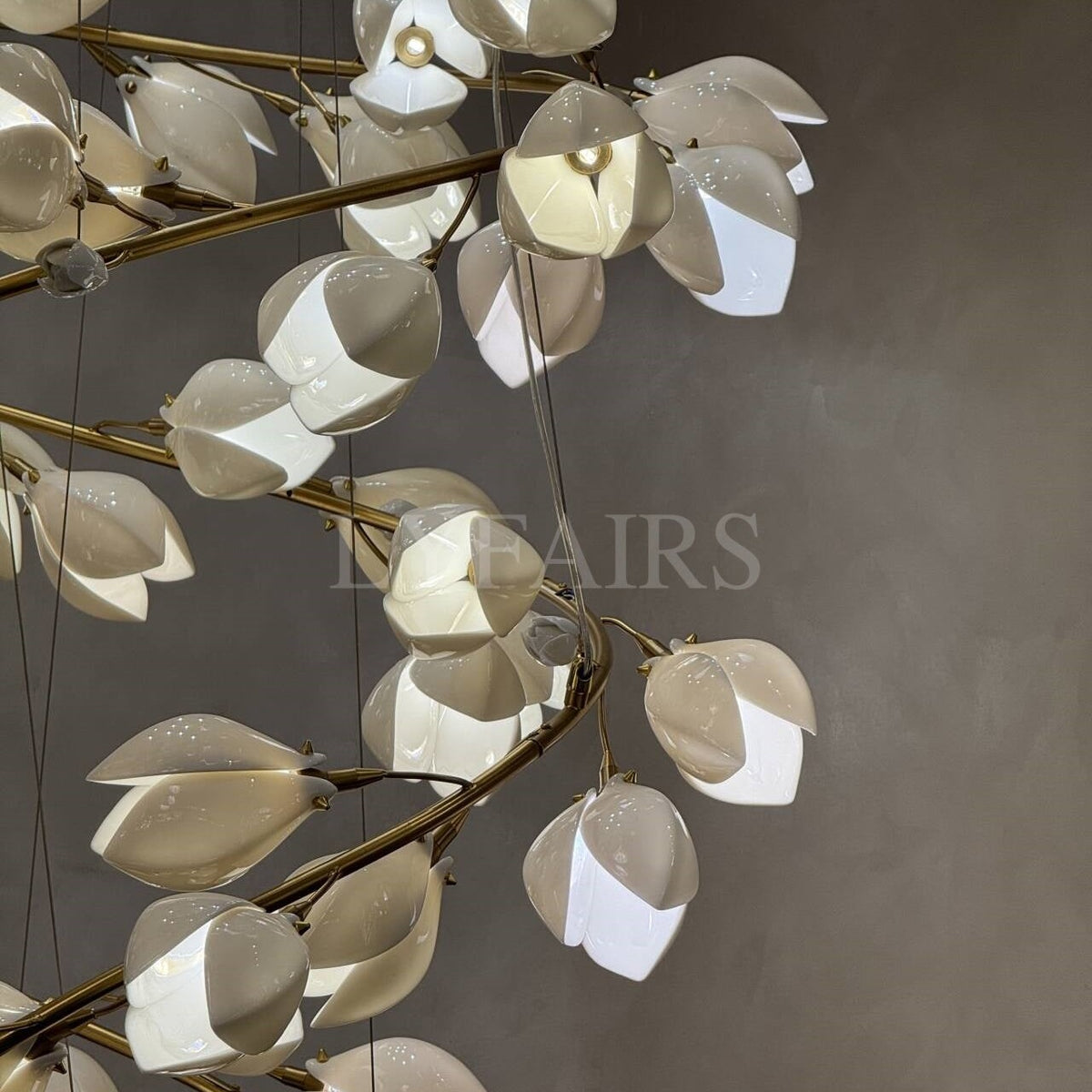 Spiral Pure White Magnolia Chandelier with Golden Branches for Staircase/High-ceiling Space/Foyer/ Duplex