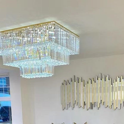 Square Crystal Ceiling Crystal Chandelier Light Fixture Three Layers