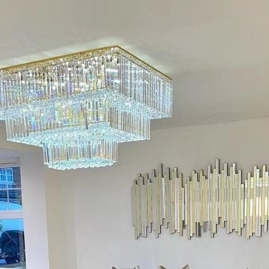 Square Crystal Ceiling Crystal Chandelier Light Fixture Three Layers
