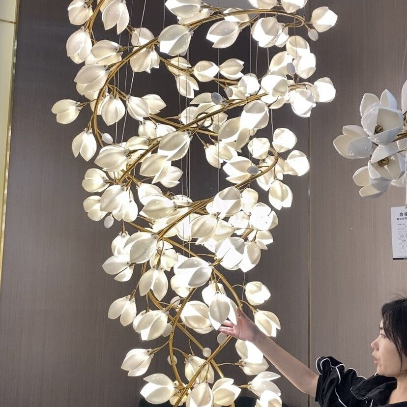 Spiral Pure White Magnolia Chandelier with Golden Branches for Staircase/High-ceiling Space/Foyer/ Duplex