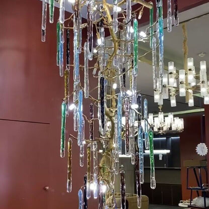Modern Light Luxury Brass Branches Colored Glass Column Chandelier for Staircase/Living Room/High-ceiling Space