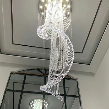 Flush Mounted Spiral Crystal Drops Chandelier Round LED Ceiling Lighting Fixture For Foyer Staircase/ Hotel Entrance