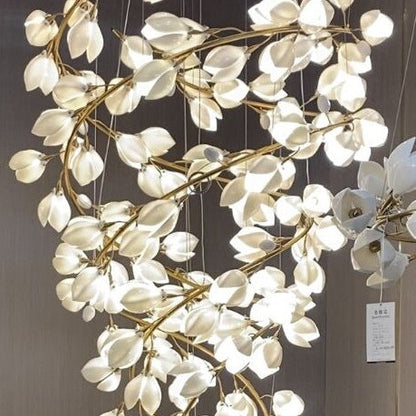 Spiral Pure White Magnolia Chandelier with Golden Branches for Staircase/High-ceiling Space/Foyer/ Duplex