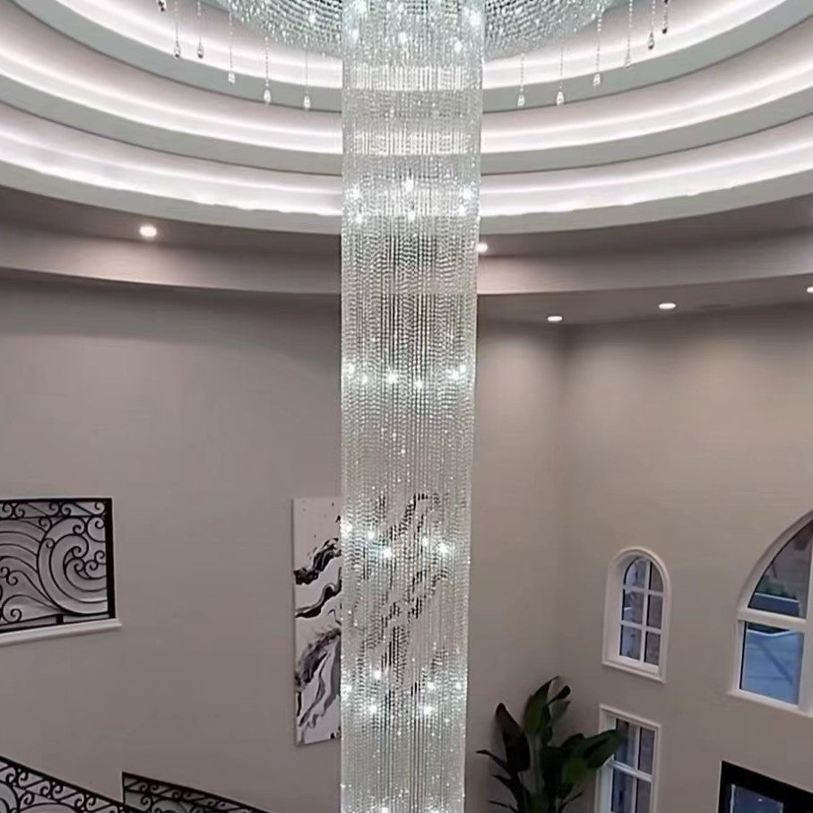 Extra Large Flush Mount Silver Waterfall Luxury Ceiling Crystal Chandelier for High-ceiling Living Room/Duplex Hall
