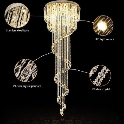 Double Spiral Staircase Crystal Chandelier for Loft, Restaurant, Hotel, Hall, Stairwell