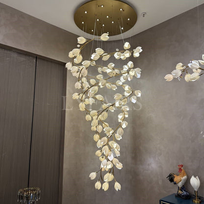 Spiral Pure White Magnolia Chandelier with Golden Branches for Staircase/High-ceiling Space/Foyer/ Duplex