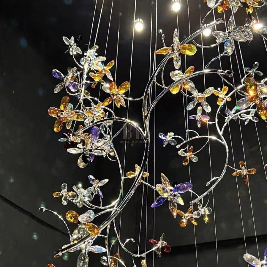 Luxury Branch Flower Crystal Chandelier for High Ceiling Staircase Foyer and Hallway Decor