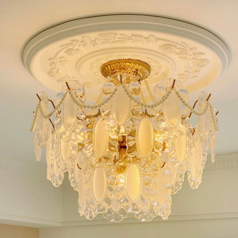 European Vintage Style Luxury Elegant Cream White Chandelier/Ceiling Light Fixture with White Pearl Chains for Living Room Bedroom Restaurant Dining Room