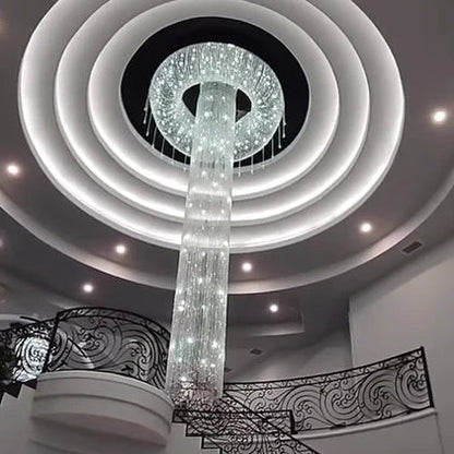Extra Large Flush Mount Silver Waterfall Luxury Ceiling Crystal Chandelier for High-ceiling Living Room/Duplex Hall