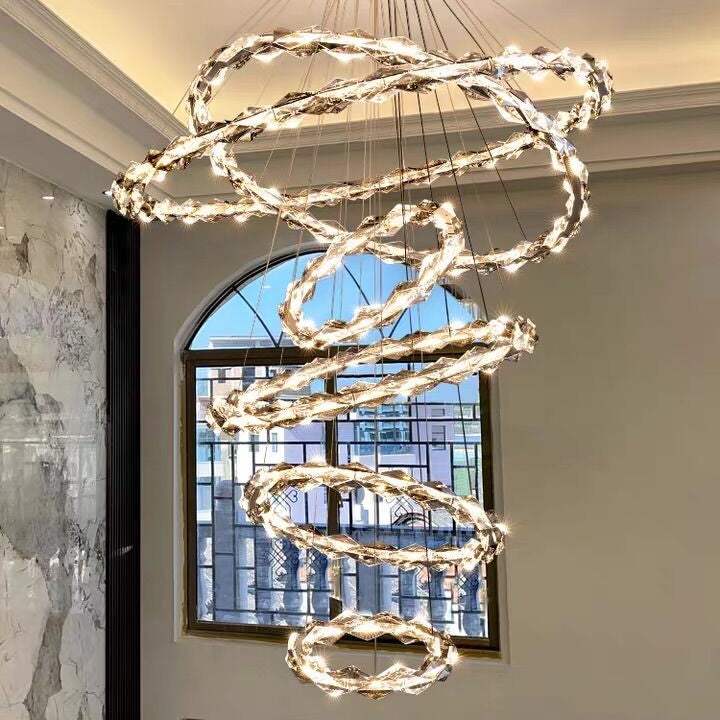 Oversized Multi-Tiered Rings Crystal Chandelier Modern Clear and Grey Crystal Ceiling Light Fixture For Staircase/Foyer/Hallway/Entryway