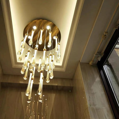 Foyer Glass Drops Pendant Chandelier Spiral Staircase High Ceiling Light Fixture In Gold Finish