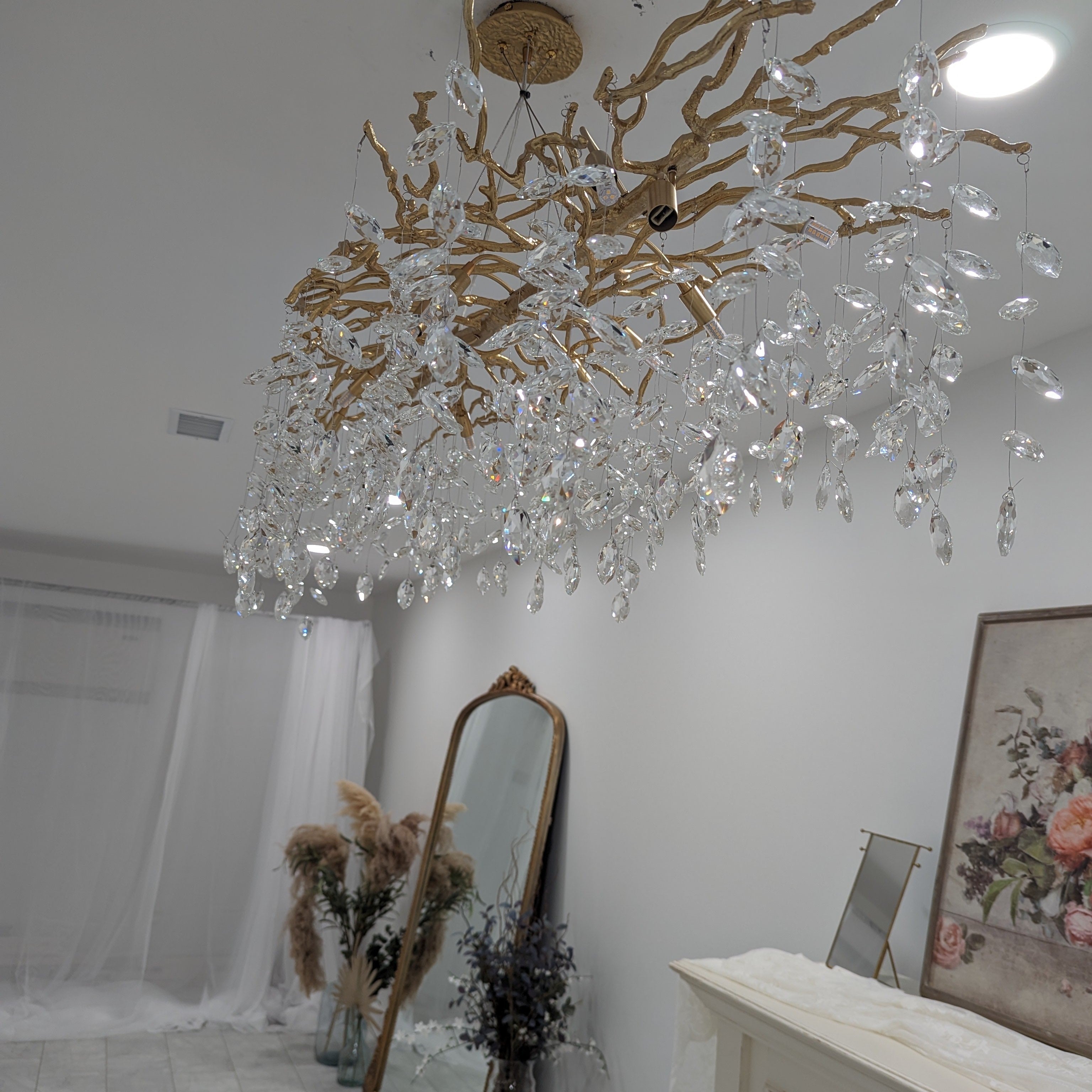 French Branch Crystal Chandelier with Elegant Crystal Leaves