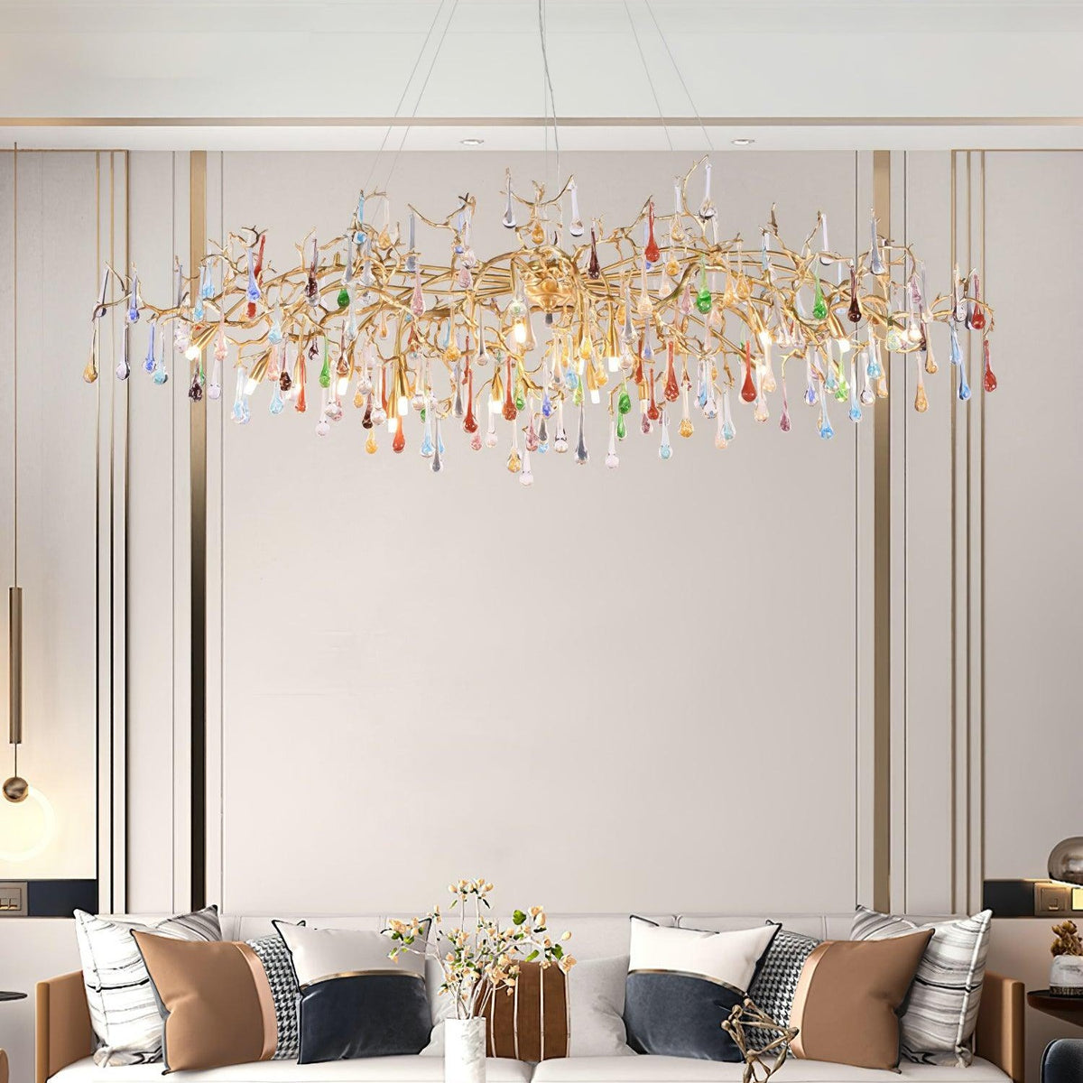 Colorful Raindrop Brass Branch Chandelier with Crystal Accents