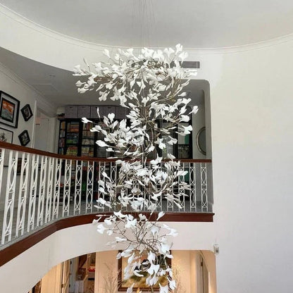 Artistic Tree Branch Pendant Light with Ceramic Ginkgo Leaves