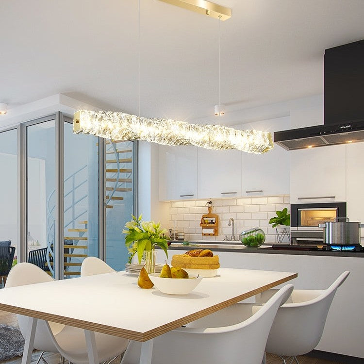 New Nordic Light Luxury Rectangle Brass and Crystal Pendant for Dining Room/Kitchen Island