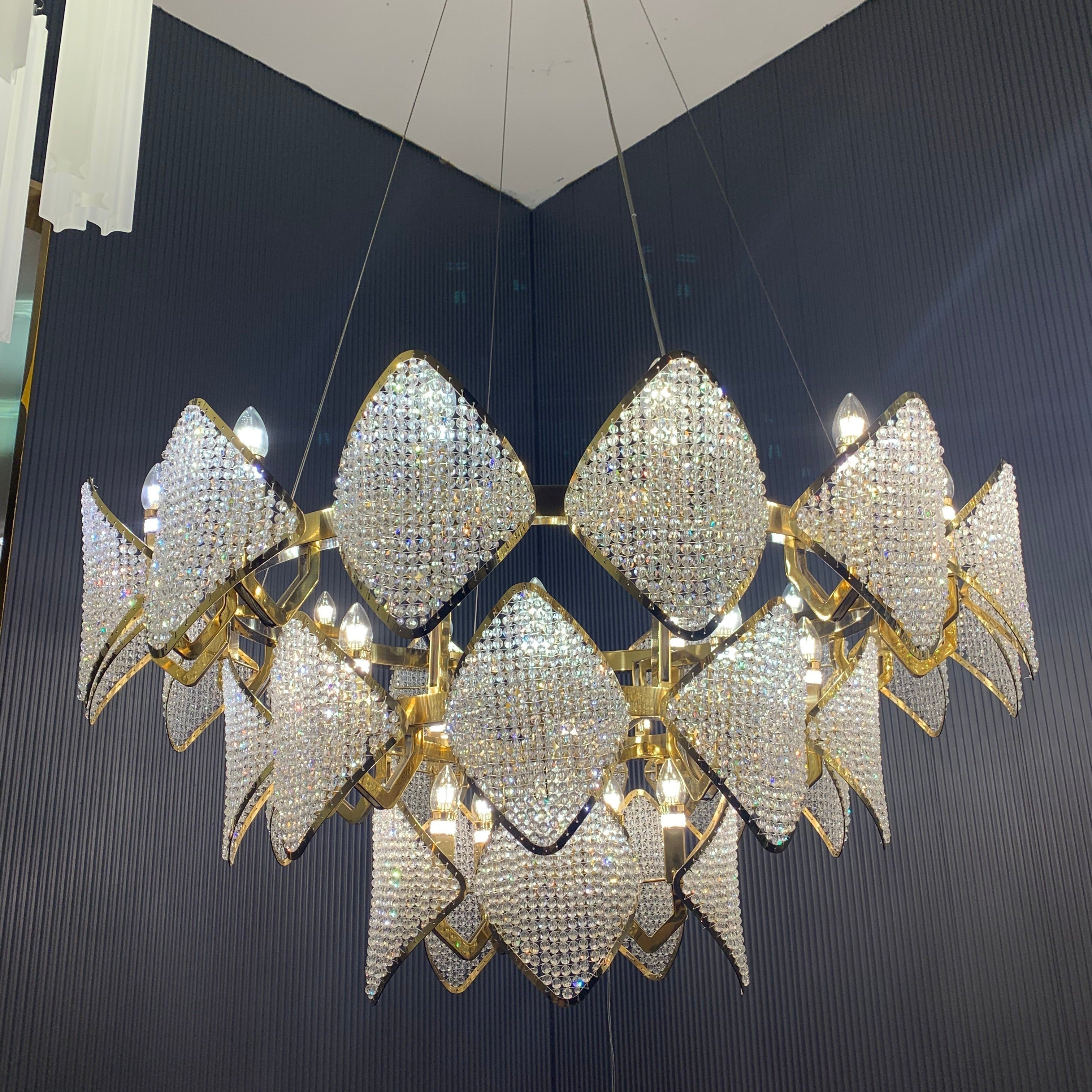 Modern Luxury 3-Tier Crystal Beads Knitmesh Chandelier in Champagne Gold Finish for Living Room