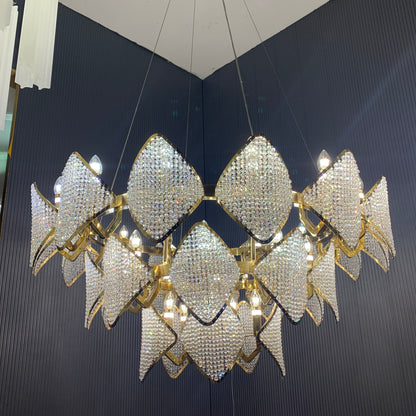 Modern Luxury 3-Tier Crystal Beads Knitmesh Chandelier in Champagne Gold Finish for Living Room