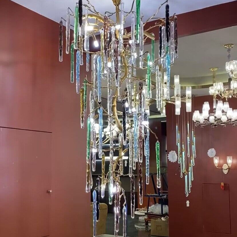 Modern Light Luxury Brass Branches Colored Glass Column Chandelier for Staircase/Living Room/High-ceiling Space