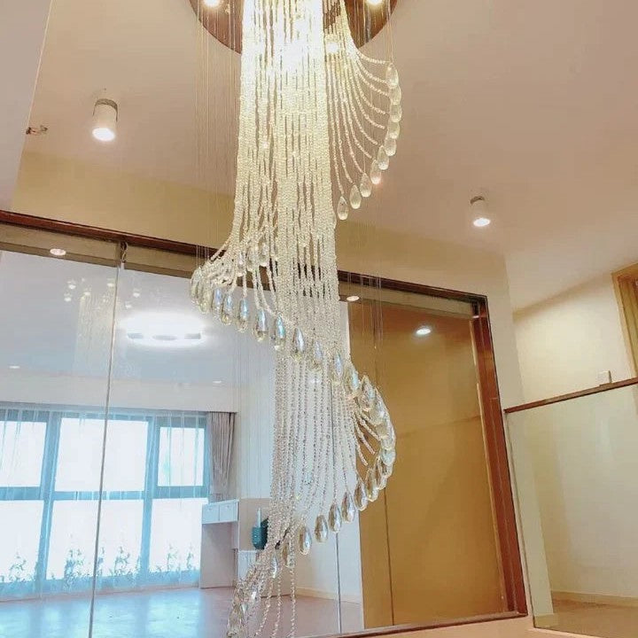 Flush Mounted Spiral Crystal Drops Chandelier Round LED Ceiling Lighting Fixture For Foyer Staircase/ Hotel Entrance