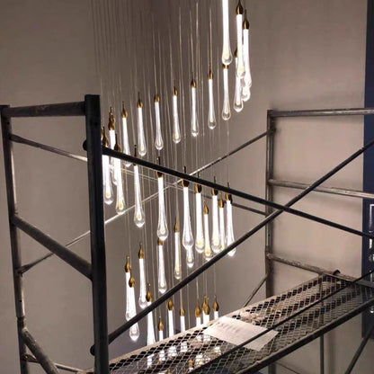 Foyer Glass Drops Pendant Chandelier Spiral Staircase High Ceiling Light Fixture In Gold Finish