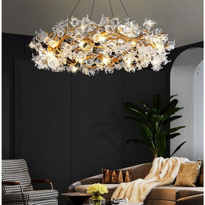 Branch Petal Crystal Brass Round Chandelier