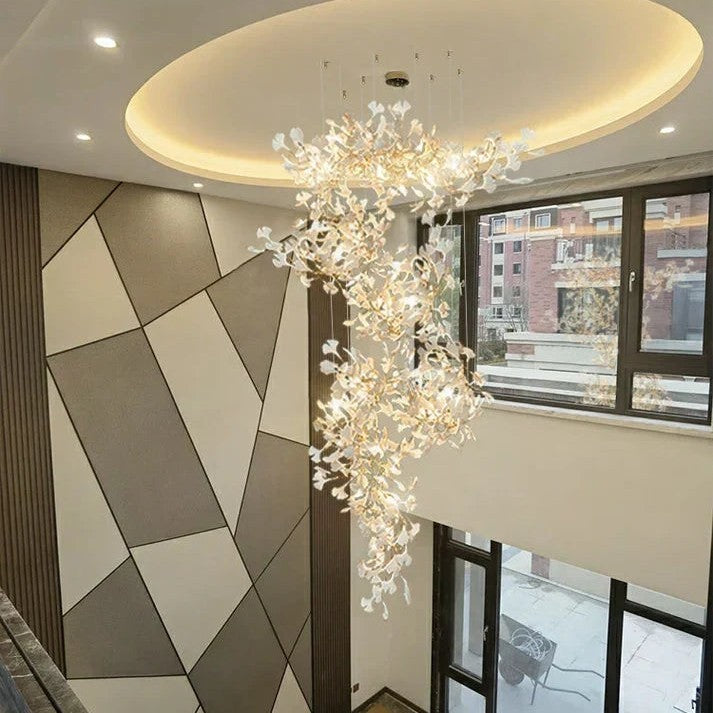 Artistic Tree Branch Pendant Light with Ceramic Ginkgo Leaves