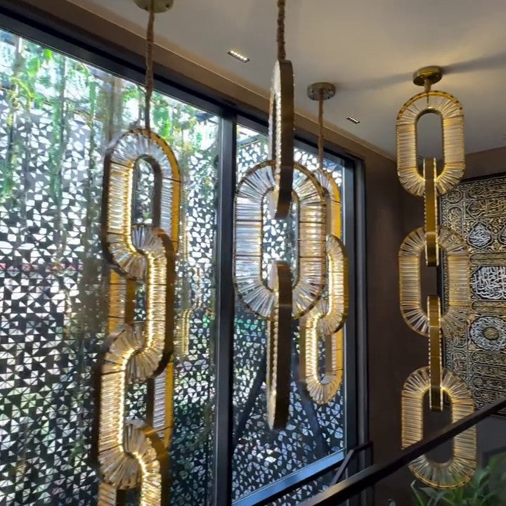 Luxury Crystal and Metal Chain Pendant Chandelier for High Ceilings with Modern Finish
