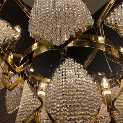 Modern Luxury 3-Tier Crystal Beads Knitmesh Chandelier in Champagne Gold Finish for Living Room