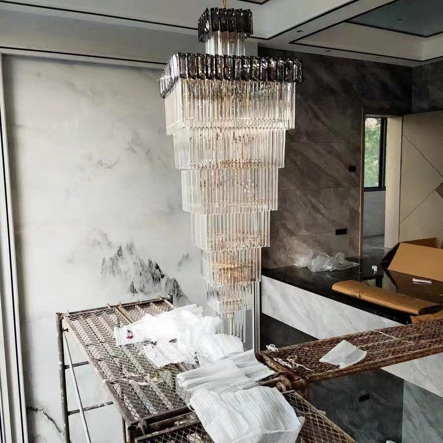 Decorative Large Vertical Crystal Staircase Chandelier Foyer Ceiling Light Fixture Lamp In Gray/ Amber Brim