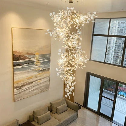 Artistic Tree Branch Pendant Light with Ceramic Ginkgo Leaves