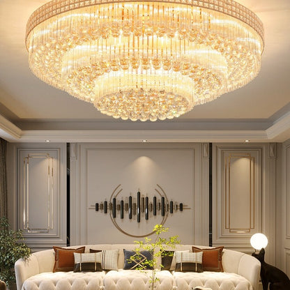 Extra Large Three Layers Round Luxury Flush Mounted Crystal Chandelier