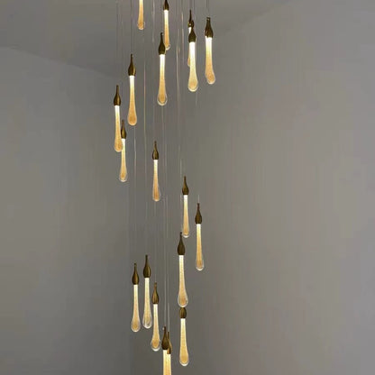 Foyer Glass Drops Pendant Chandelier Spiral Staircase High Ceiling Light Fixture In Gold Finish