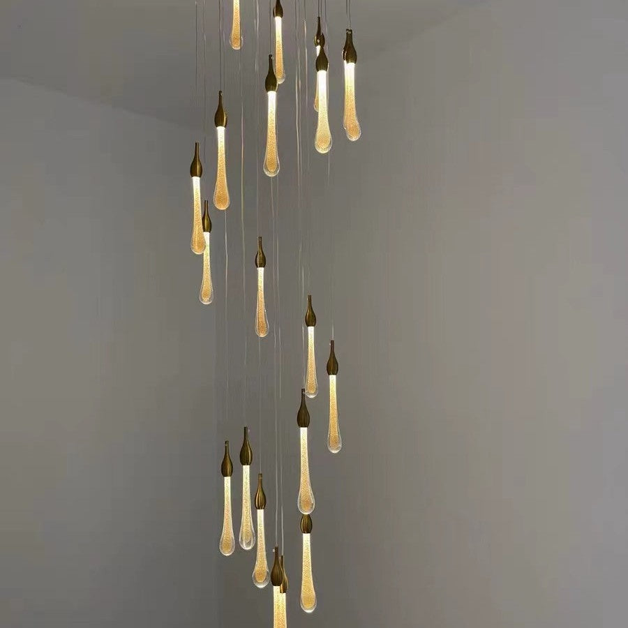 Foyer Glass Drops Pendant Chandelier Spiral Staircase High Ceiling Light Fixture In Gold Finish