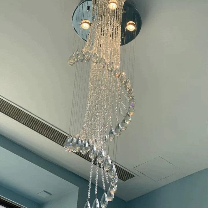 Flush Mounted Spiral Crystal Drops Chandelier Round LED Ceiling Lighting Fixture For Foyer Staircase/ Hotel Entrance