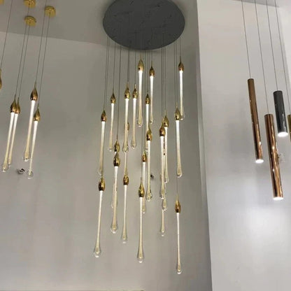 Modern Long Gold Glass Raindrop Rod Pendant Light for Staircase/High-ceiling room