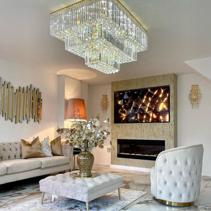 Square Crystal Ceiling Crystal Chandelier Light Fixture Three Layers