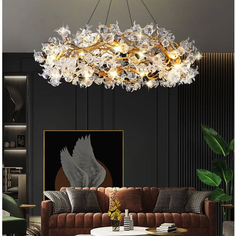 Branch Petal Crystal Brass Round Chandelier
