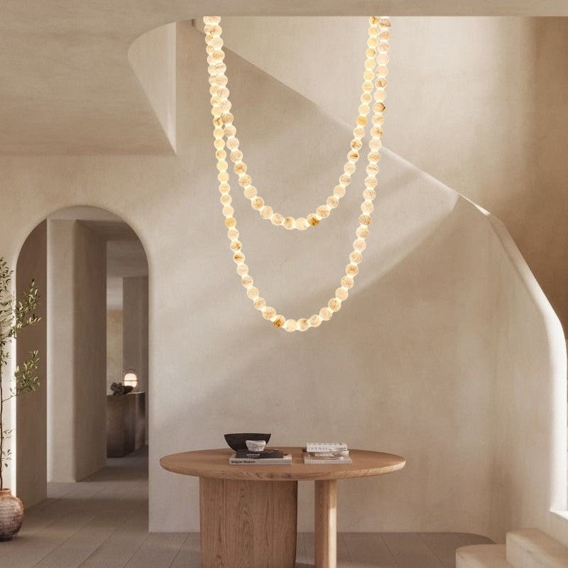 Modern LED Natural Alabaster Globes Beads Hanging Chandelier Indoor Lighting Fixture