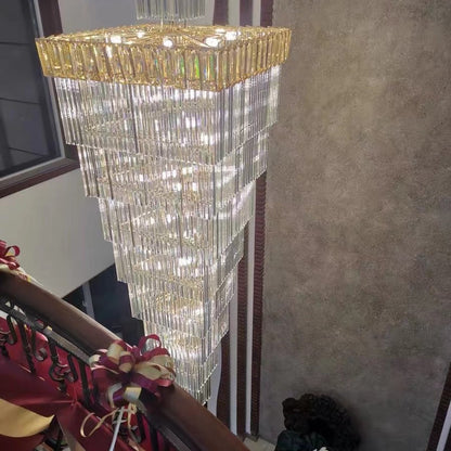 Decorative Large Vertical Crystal Staircase Chandelier Foyer Ceiling Light Fixture Lamp In Gray/ Amber Brim