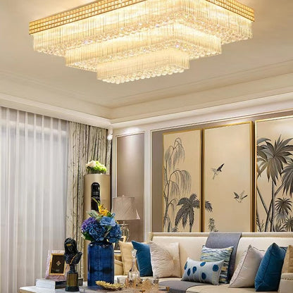 Extra Large Three Layers Rectangular Luxury Flush Mounted Crystal Chandelier for Living Room