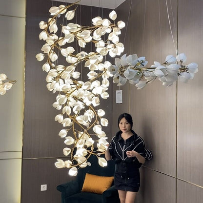Spiral Pure White Magnolia Chandelier with Golden Branches for Staircase/High-ceiling Space/Foyer/ Duplex